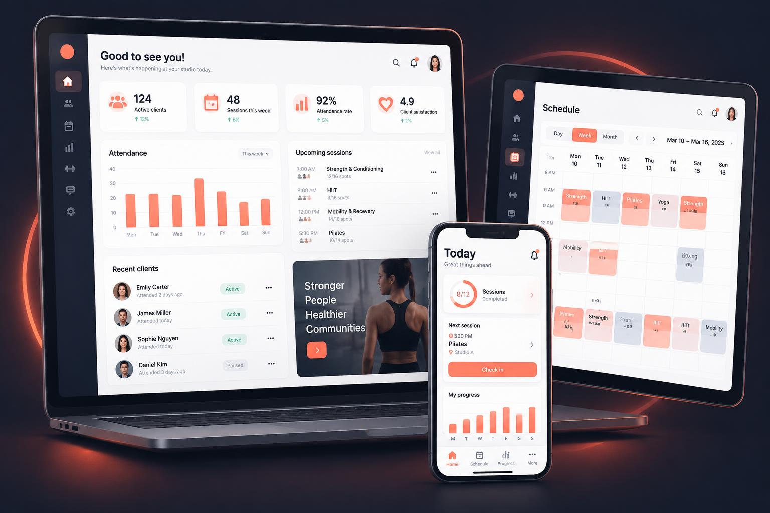 FitLogs dashboard on laptop, tablet and phone